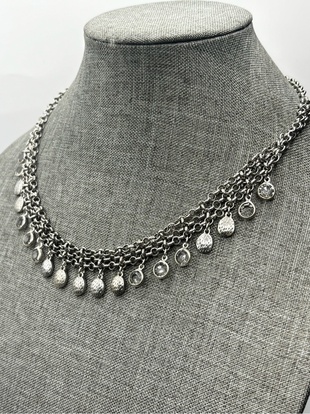 Silver Tone Multi Chain Charm Necklace Cha Cha Dangle Glass Textured Girlypunk - Picture 2 of 5